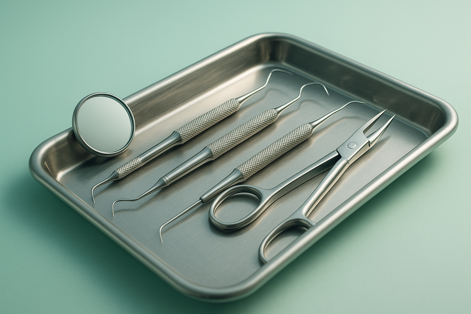 Instrumental dental ordenado sobre bandeja metálica en tonos menta y blanco
