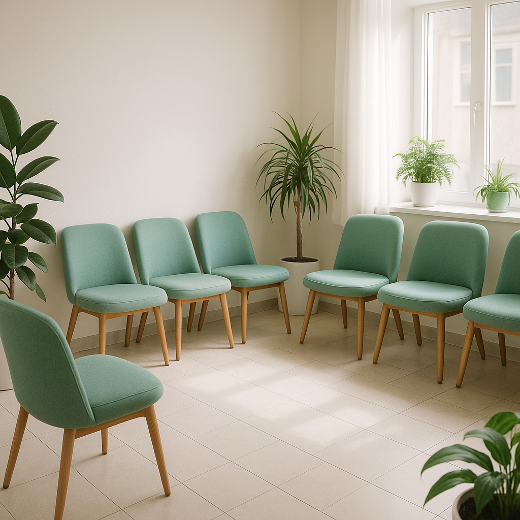 Sala de espera de la clínica dental con sillones color menta y luz natural