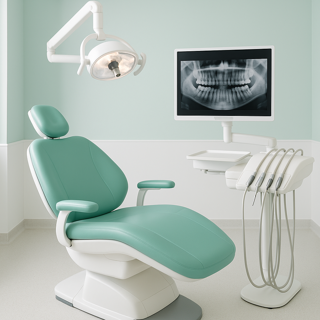 Consultorio equipado con sillón dental, lámpara de trabajo y monitor para radiografía digital