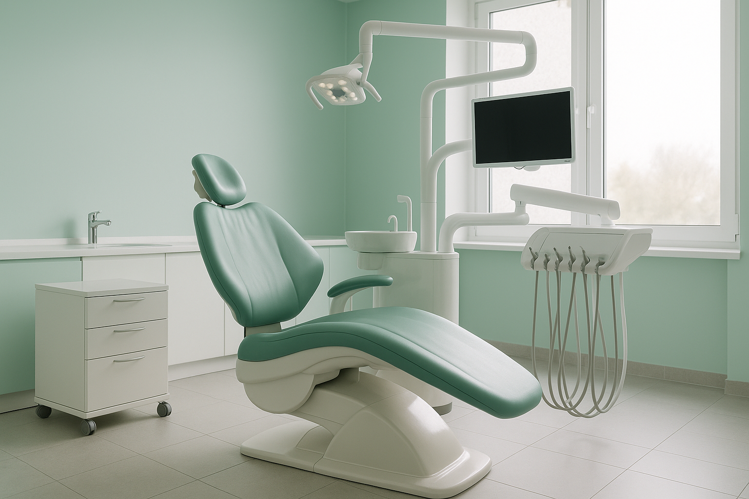 Consultorio dental moderno en tonos menta con sillón de tratamiento y equipo de radiografía digital